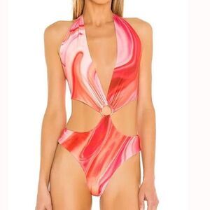 Farai London Gaia Bodysuit in Pink - Halter Cut Out Ring Summer Top Large